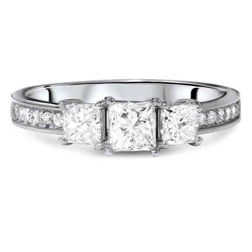 1 1/2ct Three Stone Princess Cut Diamond Engagement Ring 14K White Gold