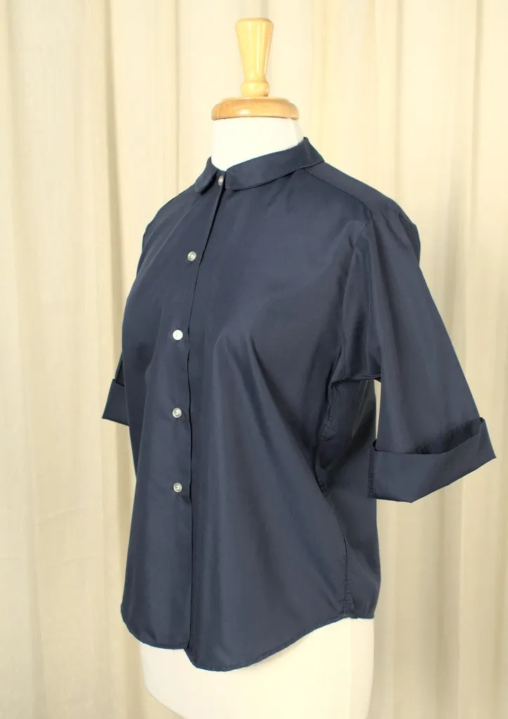 1950s Solid Navy Blue Vintage Blouse