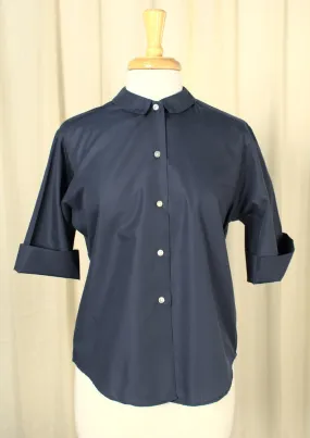 1950s Solid Navy Blue Vintage Blouse