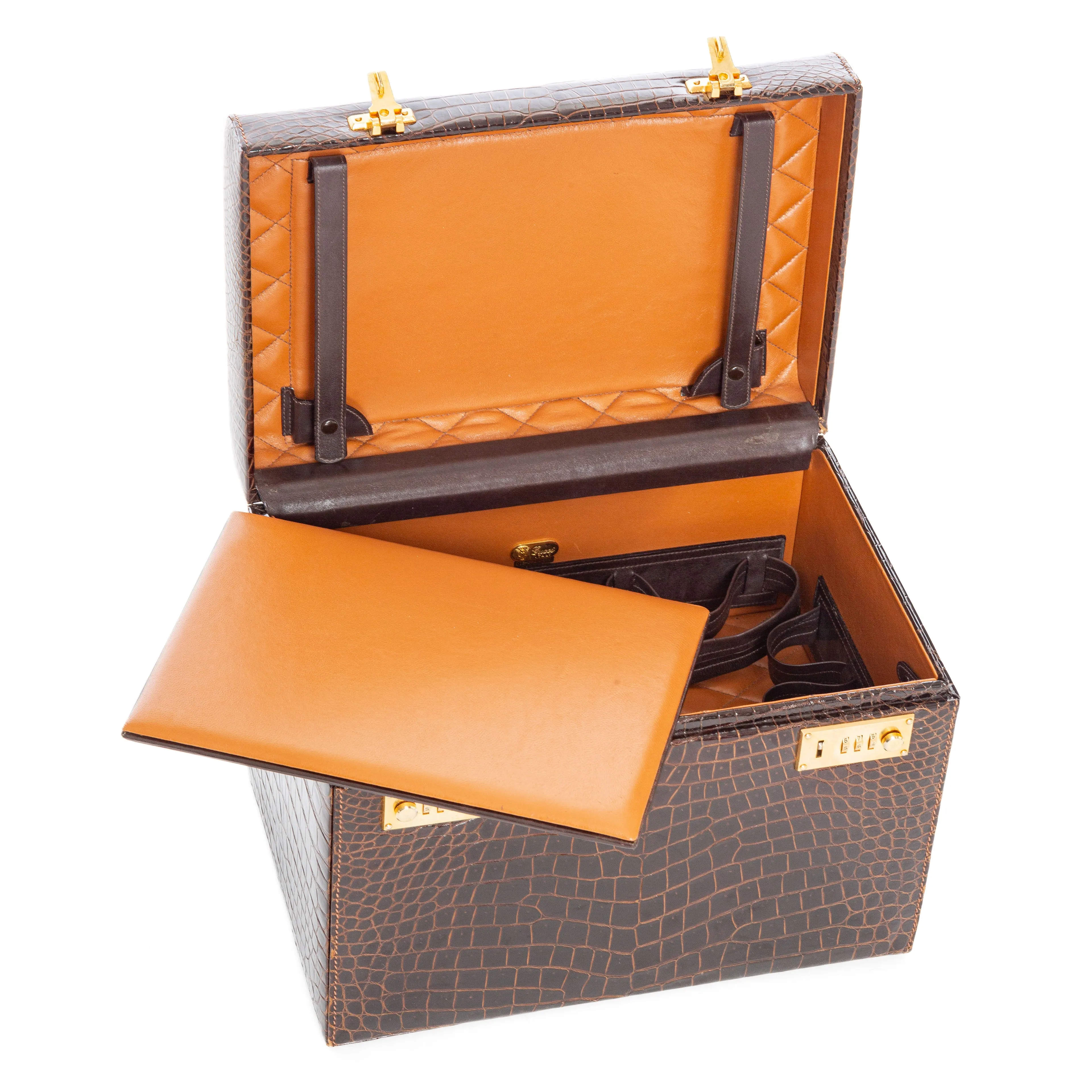 1970s Brown Crocodile Leather Travel Case