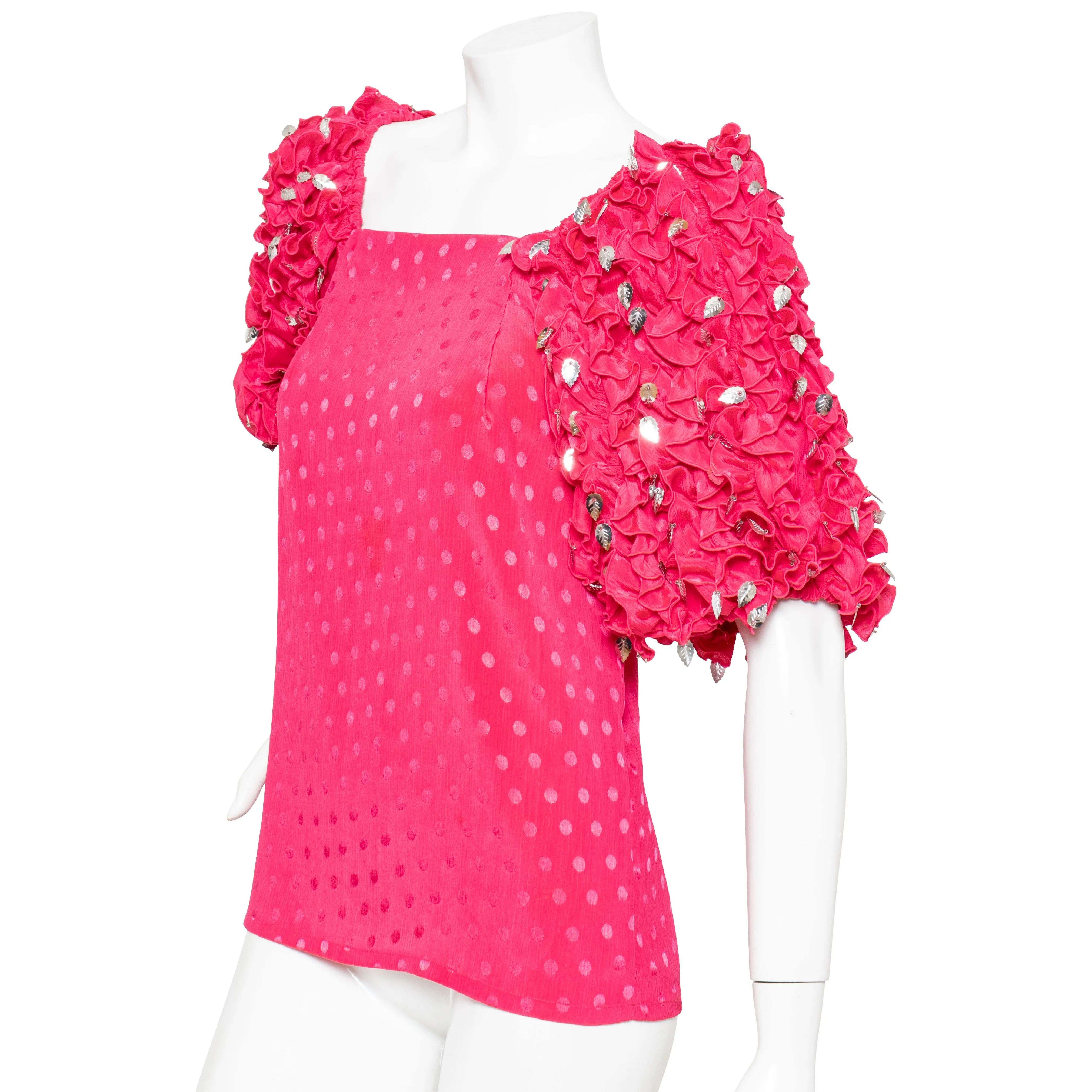 1980s Pink Polka Dot Ruffled Top