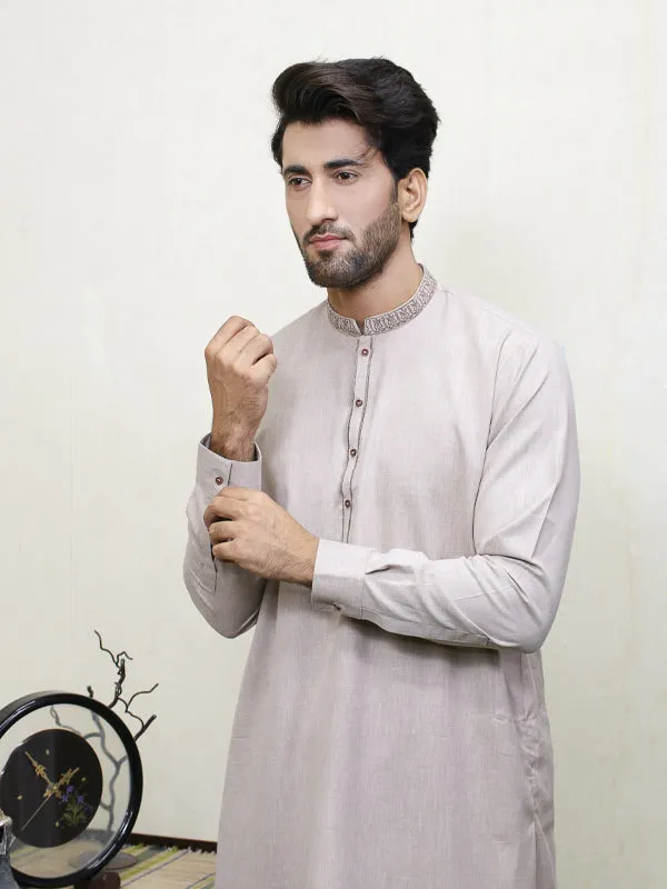 250 Men's Embroidered Kameez Shalwar Stitched Suit Brown