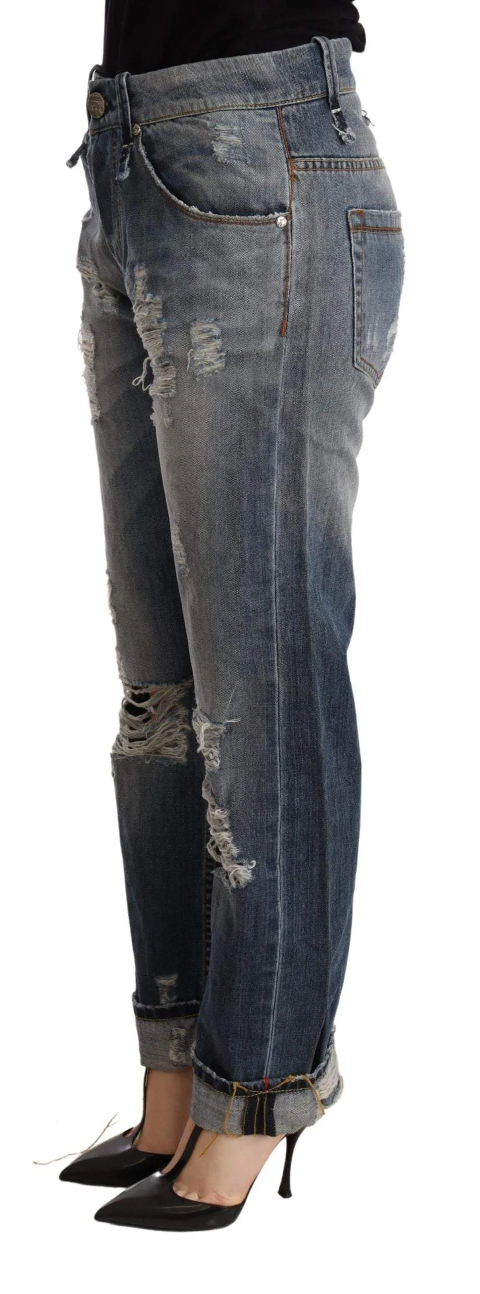 Acht Blue Tattered Mid Waist Straight Denim Trouser