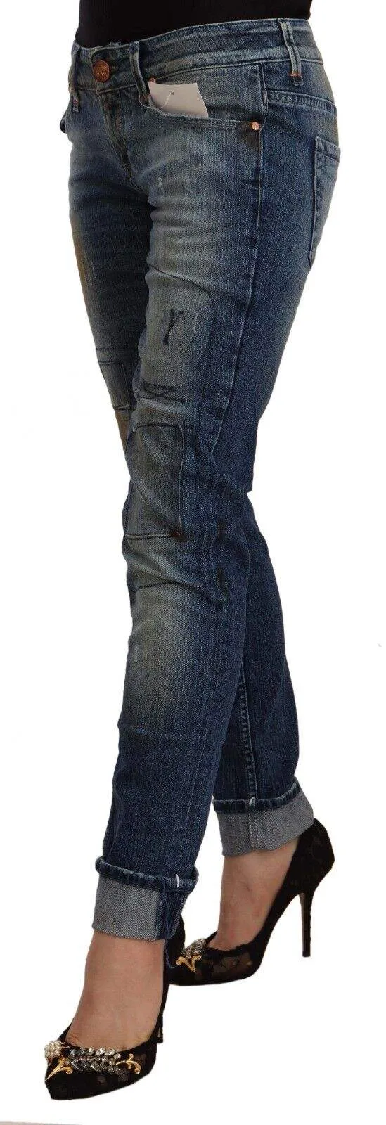 Acht Blue Washed Low Waist Folded Hem Slim Fit Jeans