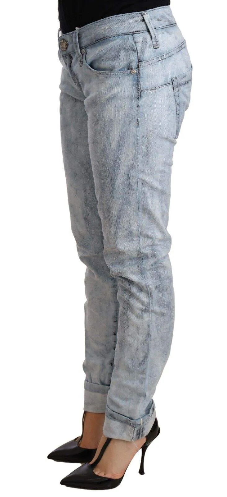 Acht Light Blue Washed Cotton Folded Hem Denim Trouser