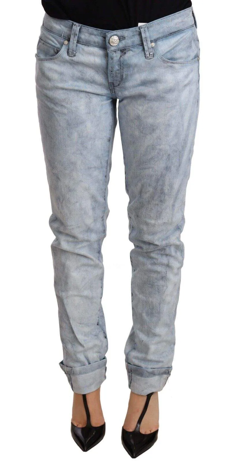 Acht Light Blue Washed Cotton Folded Hem Denim Trouser