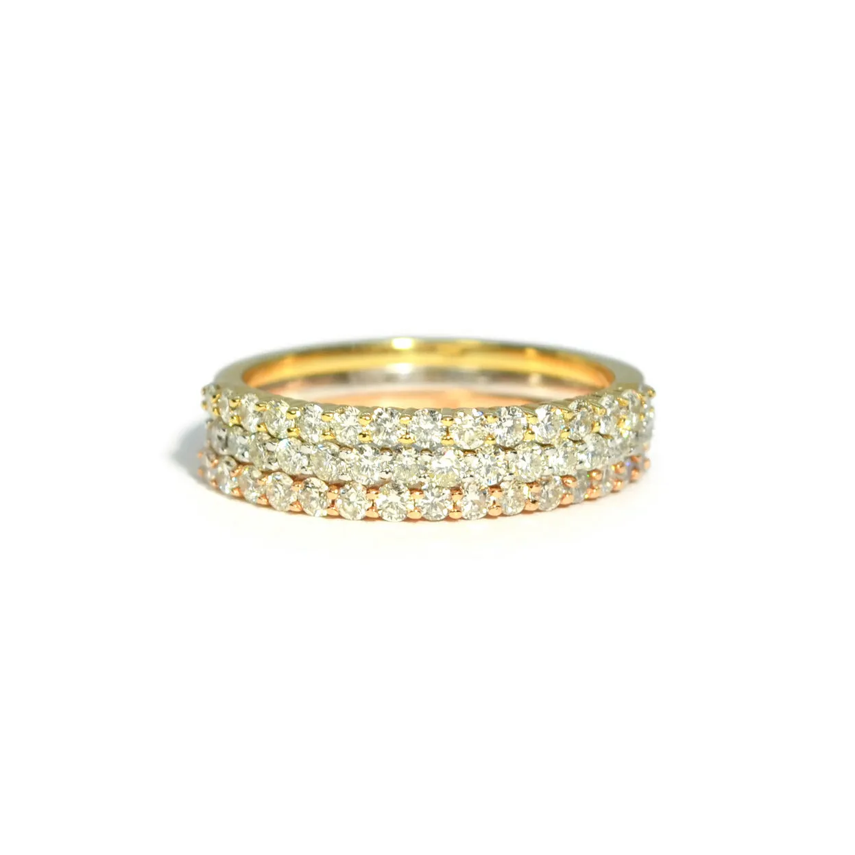 AFJ Diamond Collection - Tri Band Ring with Diamonds, Yellow, Rose and White Gold