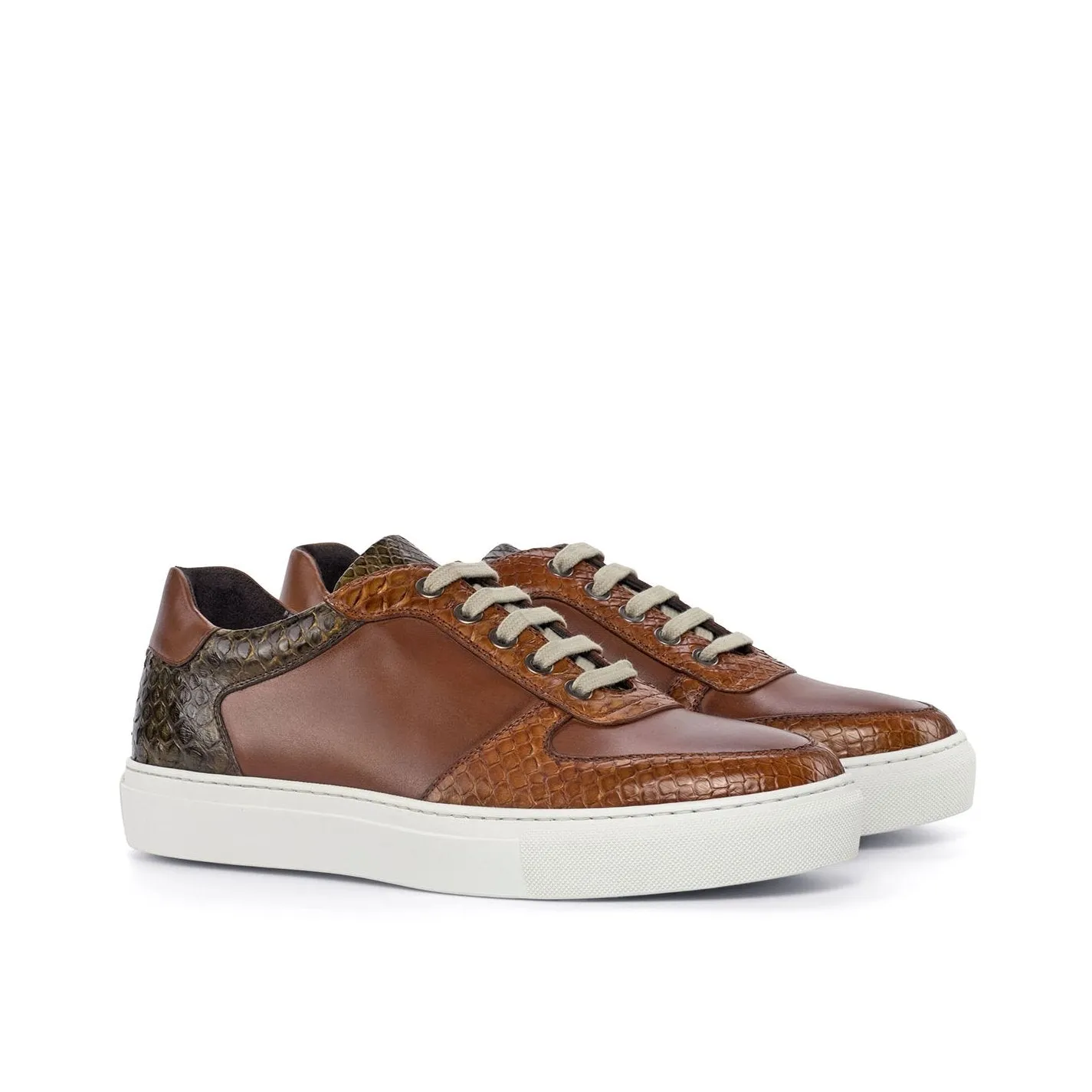 Ambrogio Bespoke Custom Men's Shoes Brown, Cognac & Olive Exotic Snake-Skin / Calf-Skin Leather Casual Trainer Sneakers (AMB1873)