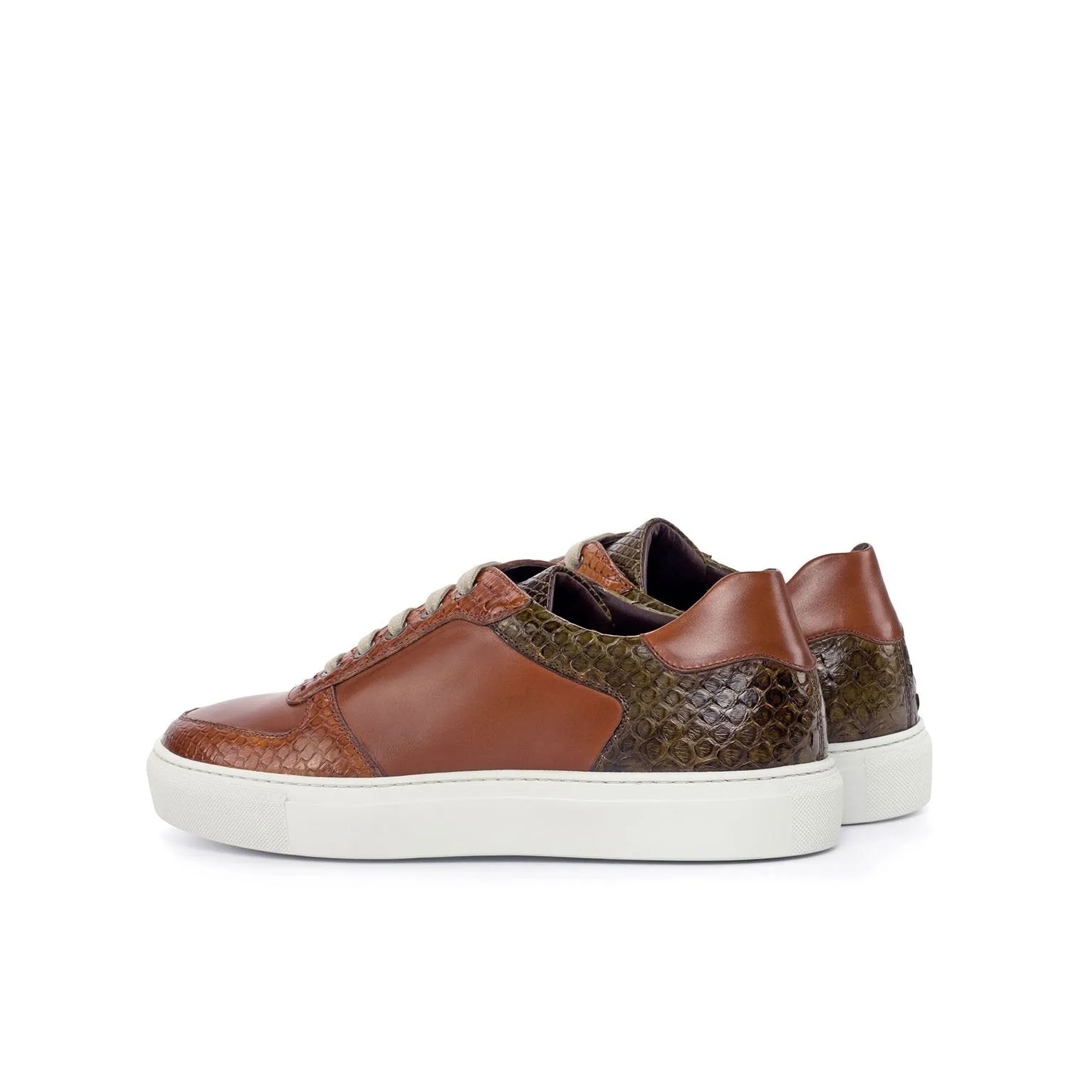 Ambrogio Bespoke Custom Men's Shoes Brown, Cognac & Olive Exotic Snake-Skin / Calf-Skin Leather Casual Trainer Sneakers (AMB1873)