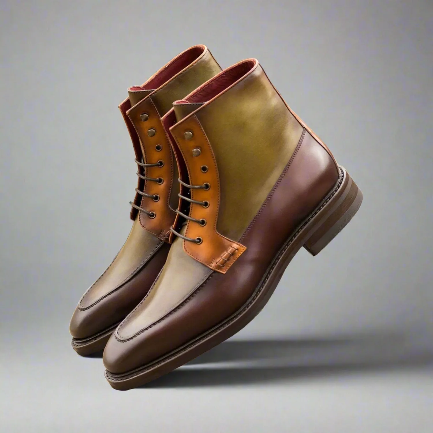 Ambrogio Bespoke Custom Men's Shoes Cognac, Burgundy & Olive Calf-Skin Leather Moccasin Boots (AMB1950)