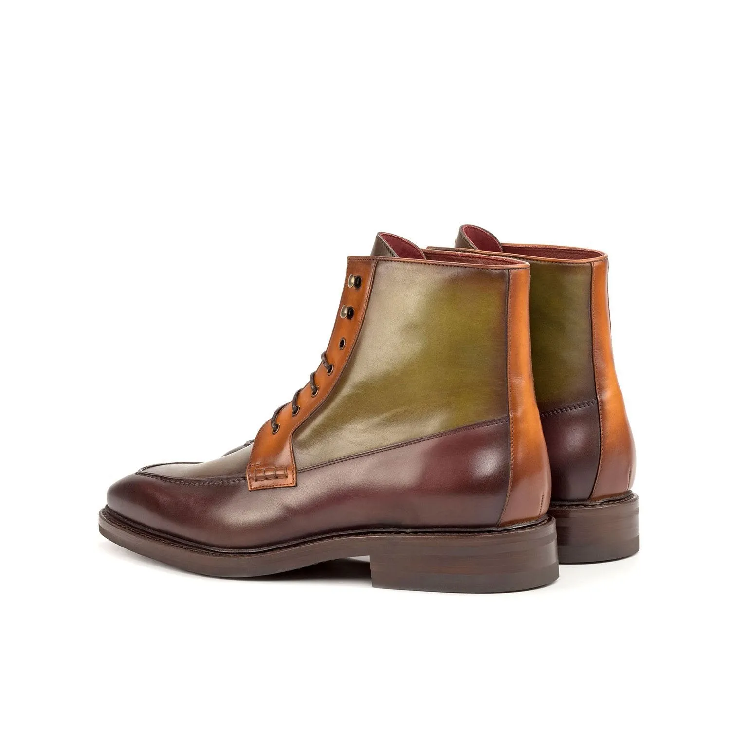 Ambrogio Bespoke Custom Men's Shoes Cognac, Burgundy & Olive Calf-Skin Leather Moccasin Boots (AMB1950)