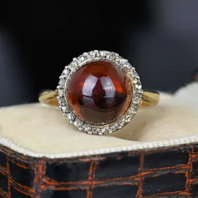 Antique Rose Cut Diamond Halo Garnet Cabochon Ring