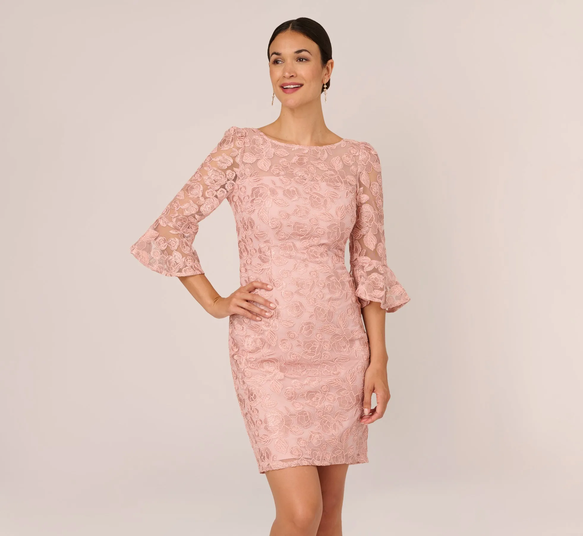 Bell Sleeve Rose Embroidered Sheath Dress In Dusty Rose