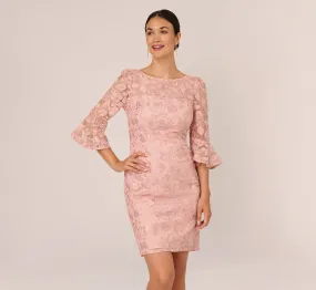 Bell Sleeve Rose Embroidered Sheath Dress In Dusty Rose