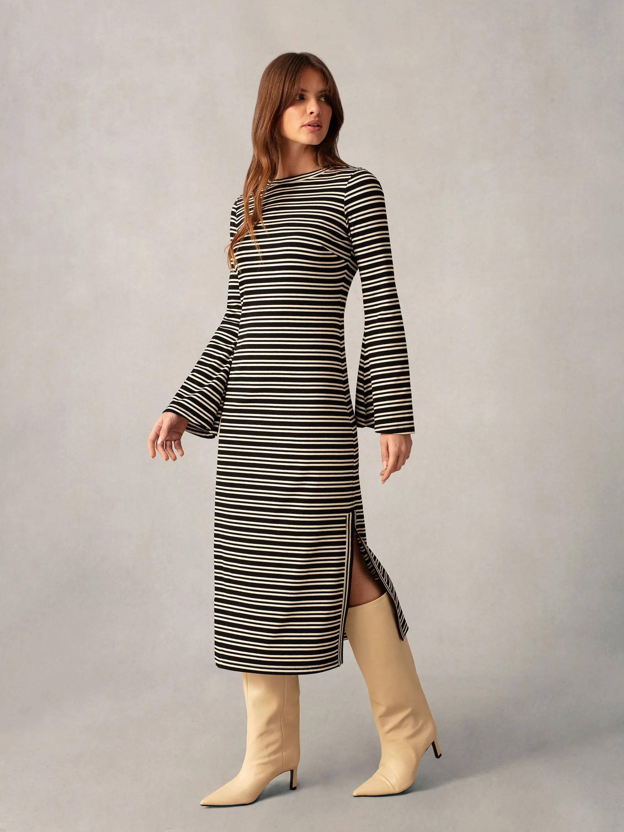 Black and White Rib Flute Sleeve Dress