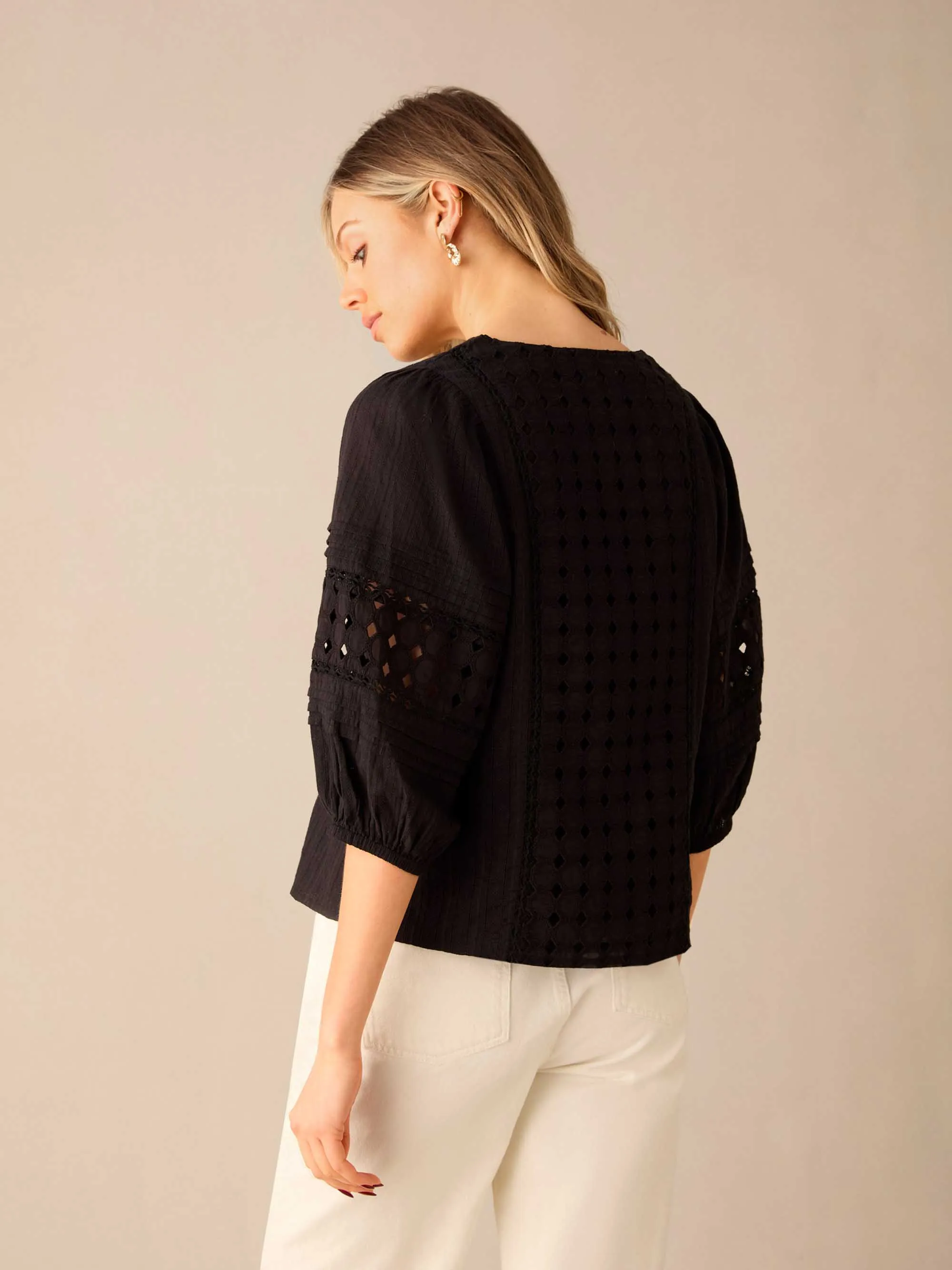 Black Broderie V Neck Top