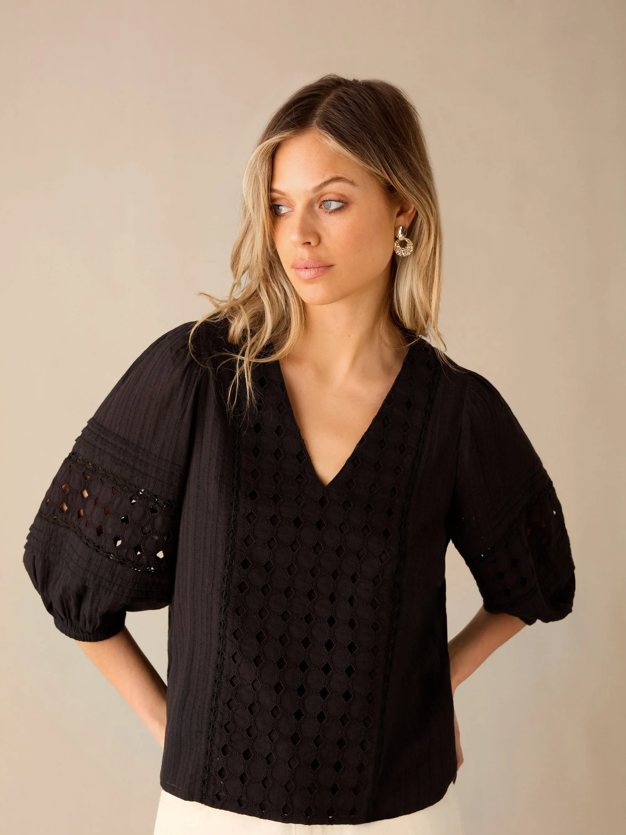 Black Broderie V Neck Top