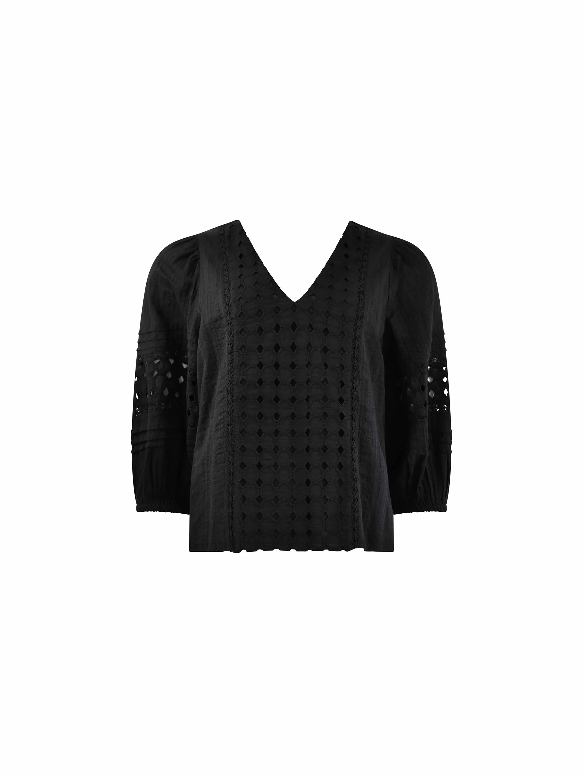 Black Broderie V Neck Top