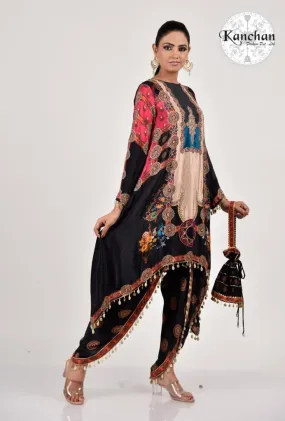 Black Floral Printed Dhoti Set with Potli Bag