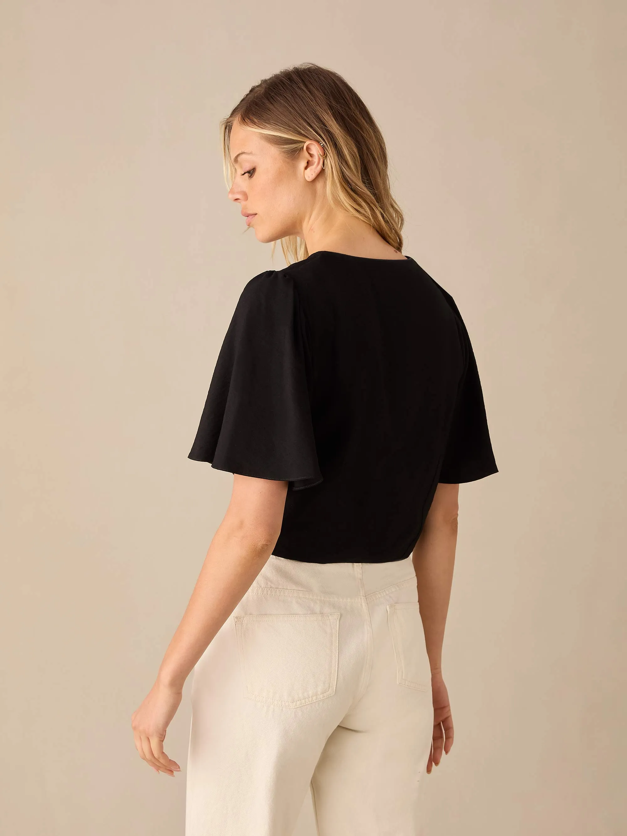 Black Flutter Sleeve Tie Front Top