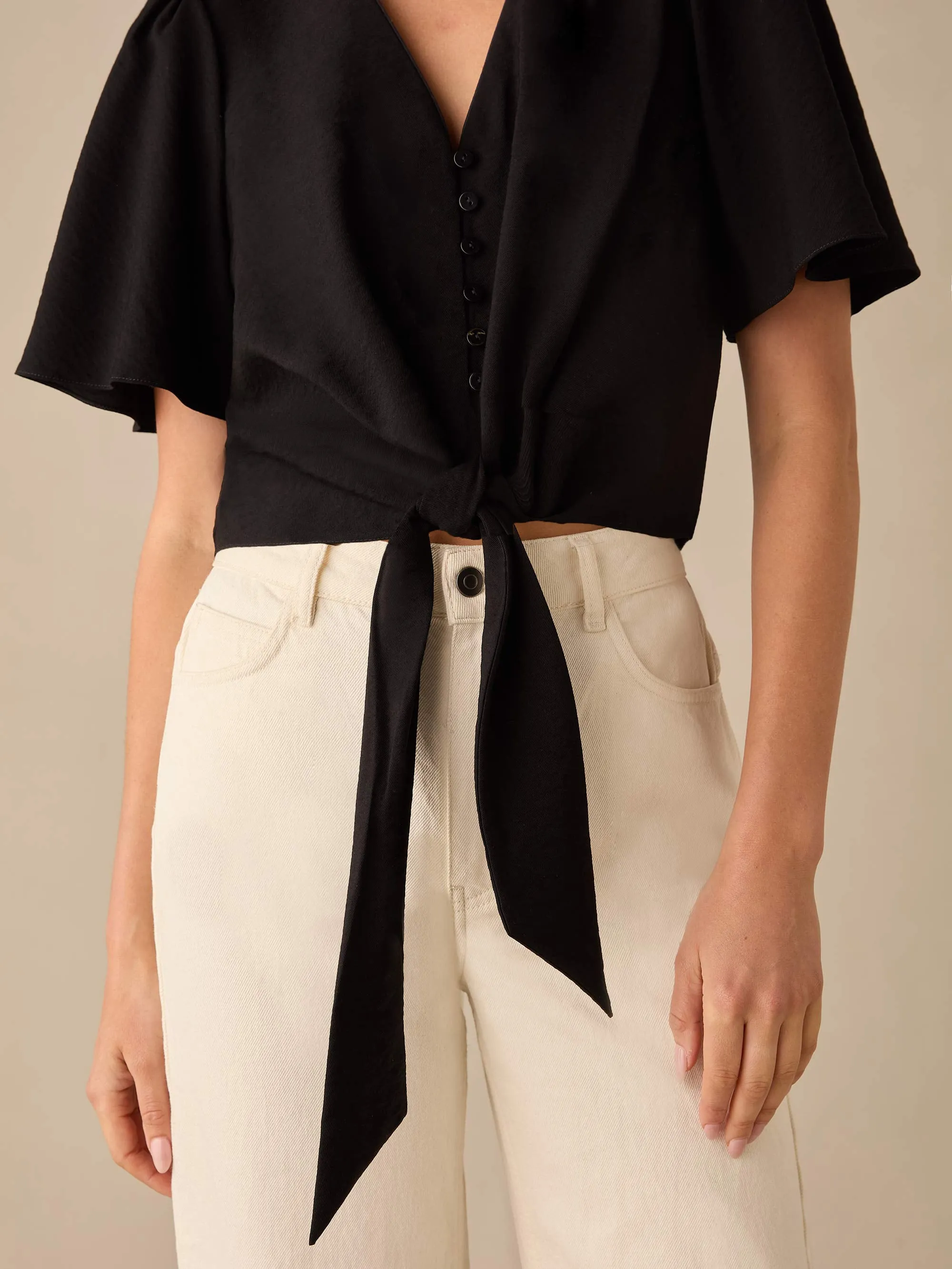 Black Flutter Sleeve Tie Front Top