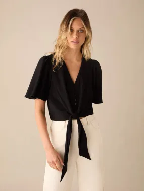 Black Flutter Sleeve Tie Front Top