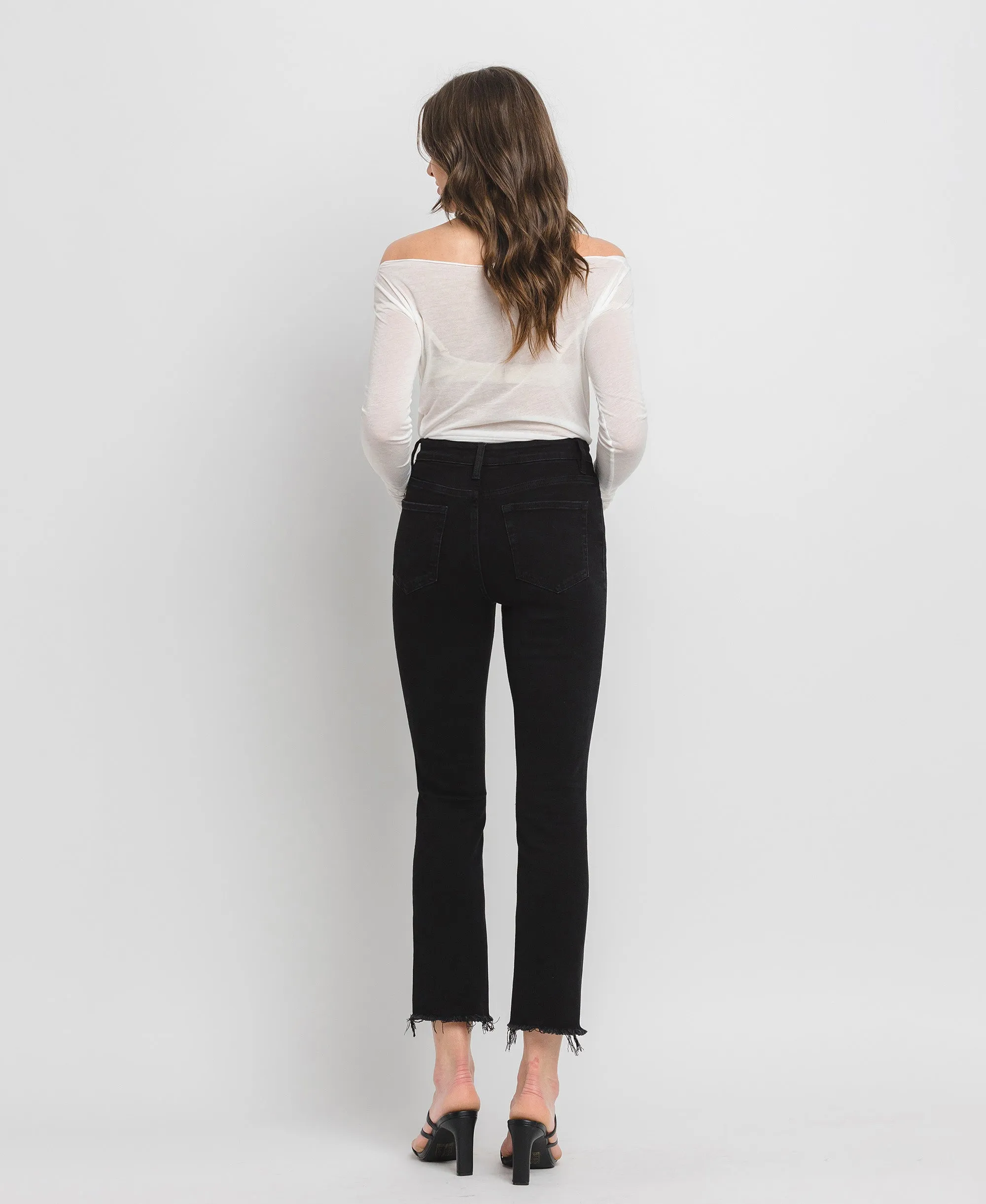 Black - High Rise Raw Hem Crop Straight Jeans