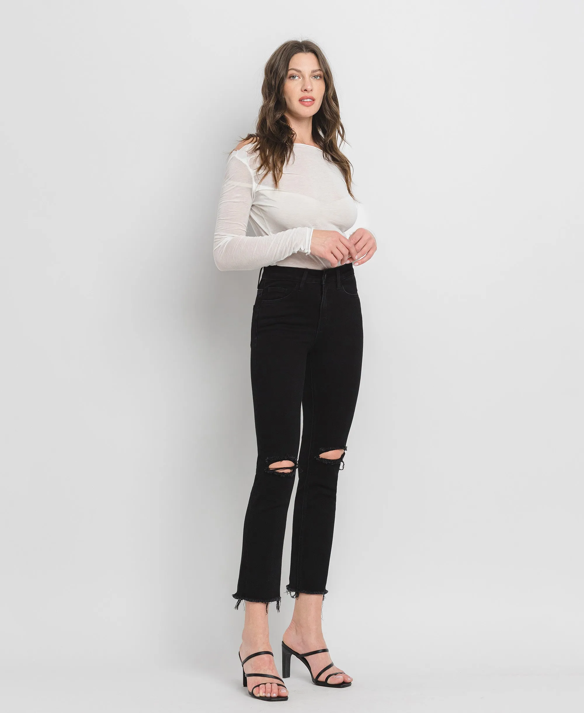 Black - High Rise Raw Hem Crop Straight Jeans