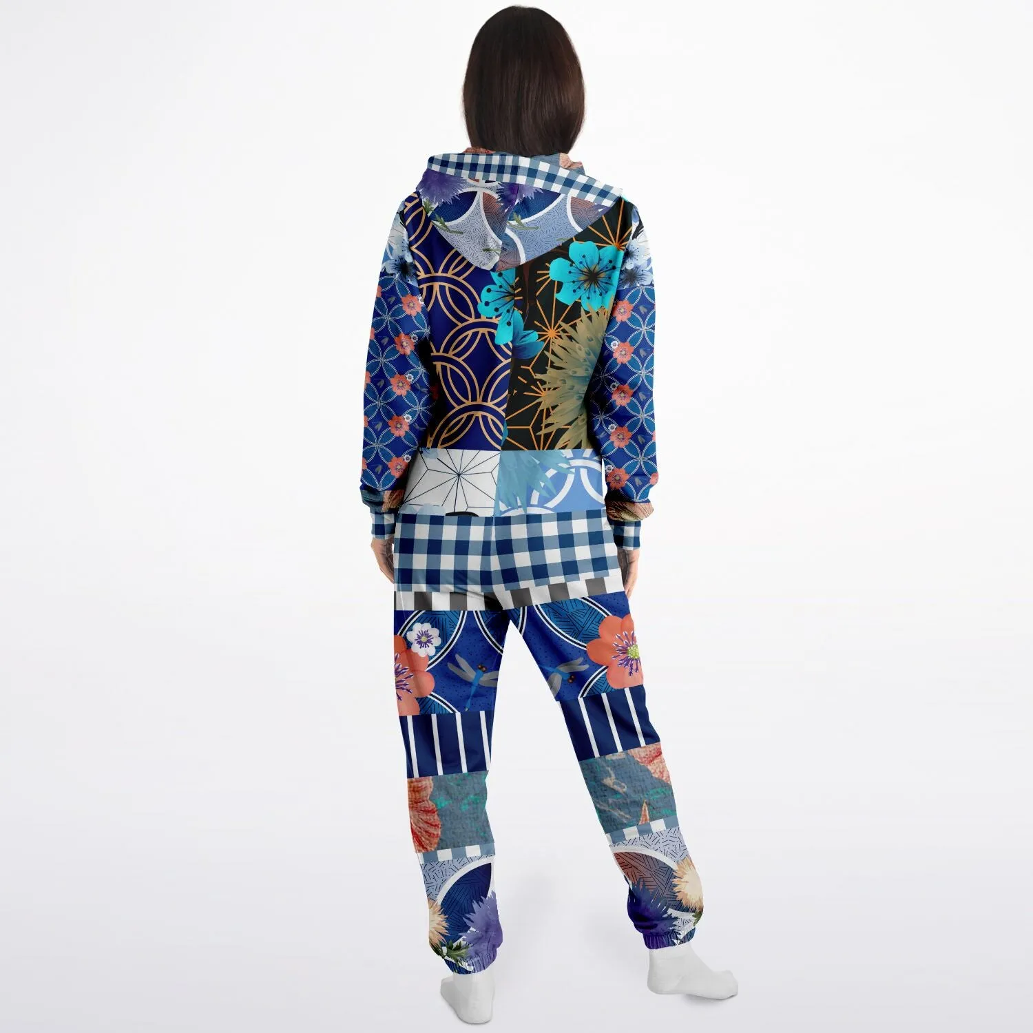 Blue Andalusian Floral Plaid Patchwork Fleece Unisex Romper