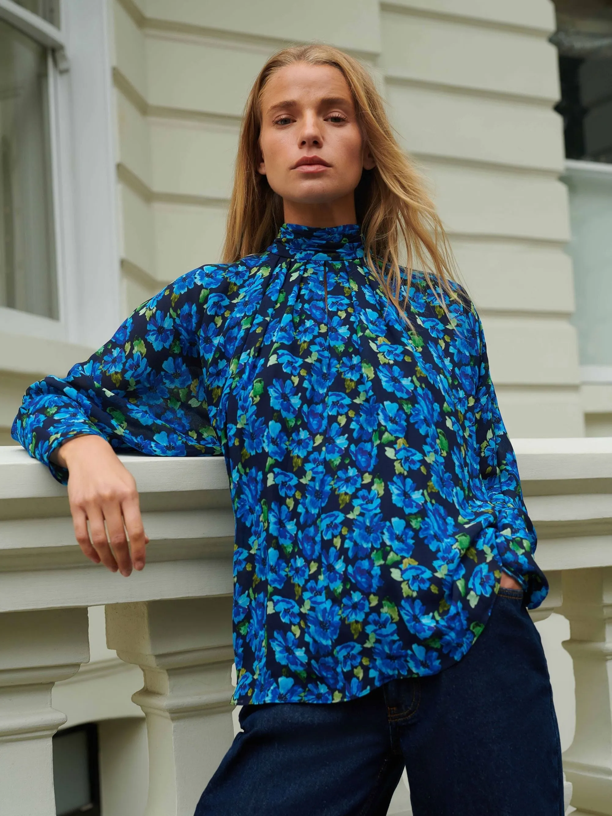 Blue Floral Print Batwing Sleeve Blouse