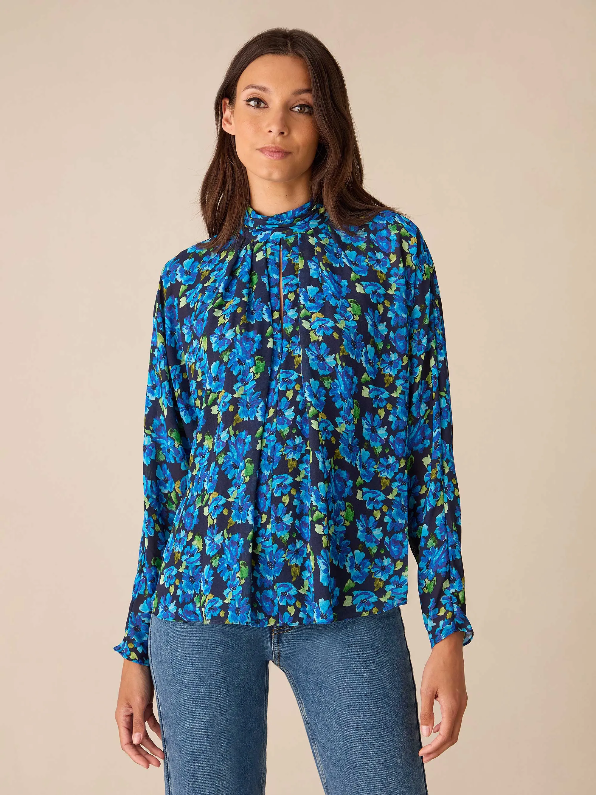 Blue Floral Print Batwing Sleeve Blouse