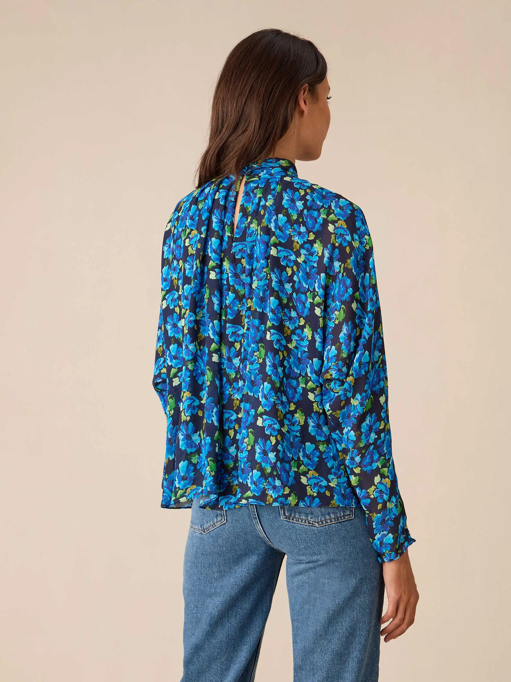 Blue Floral Print Batwing Sleeve Blouse