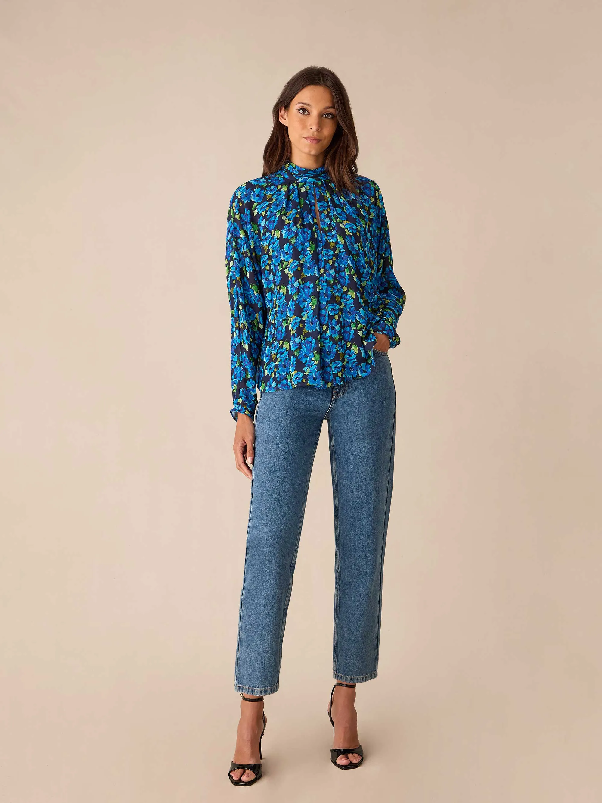 Blue Floral Print Batwing Sleeve Blouse