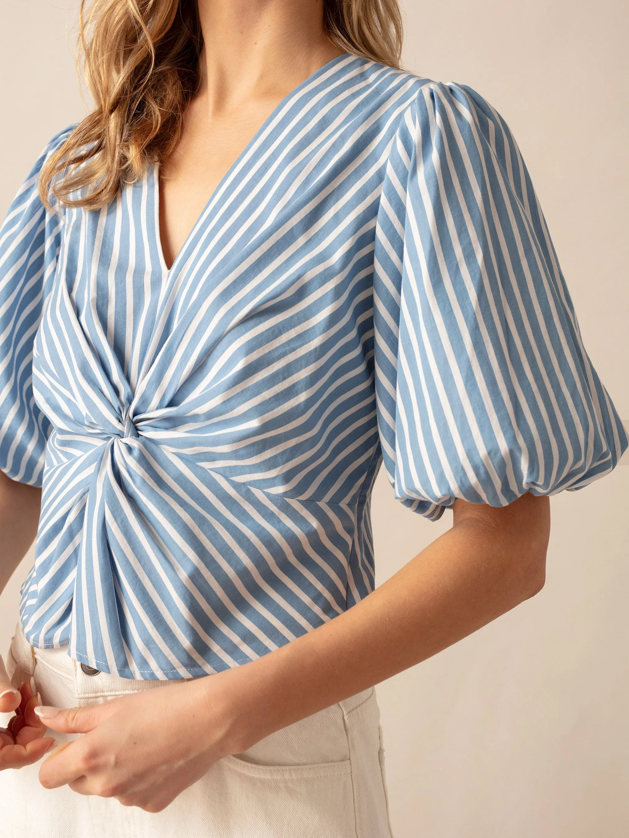 Blue Stripe Twist Front Blouse