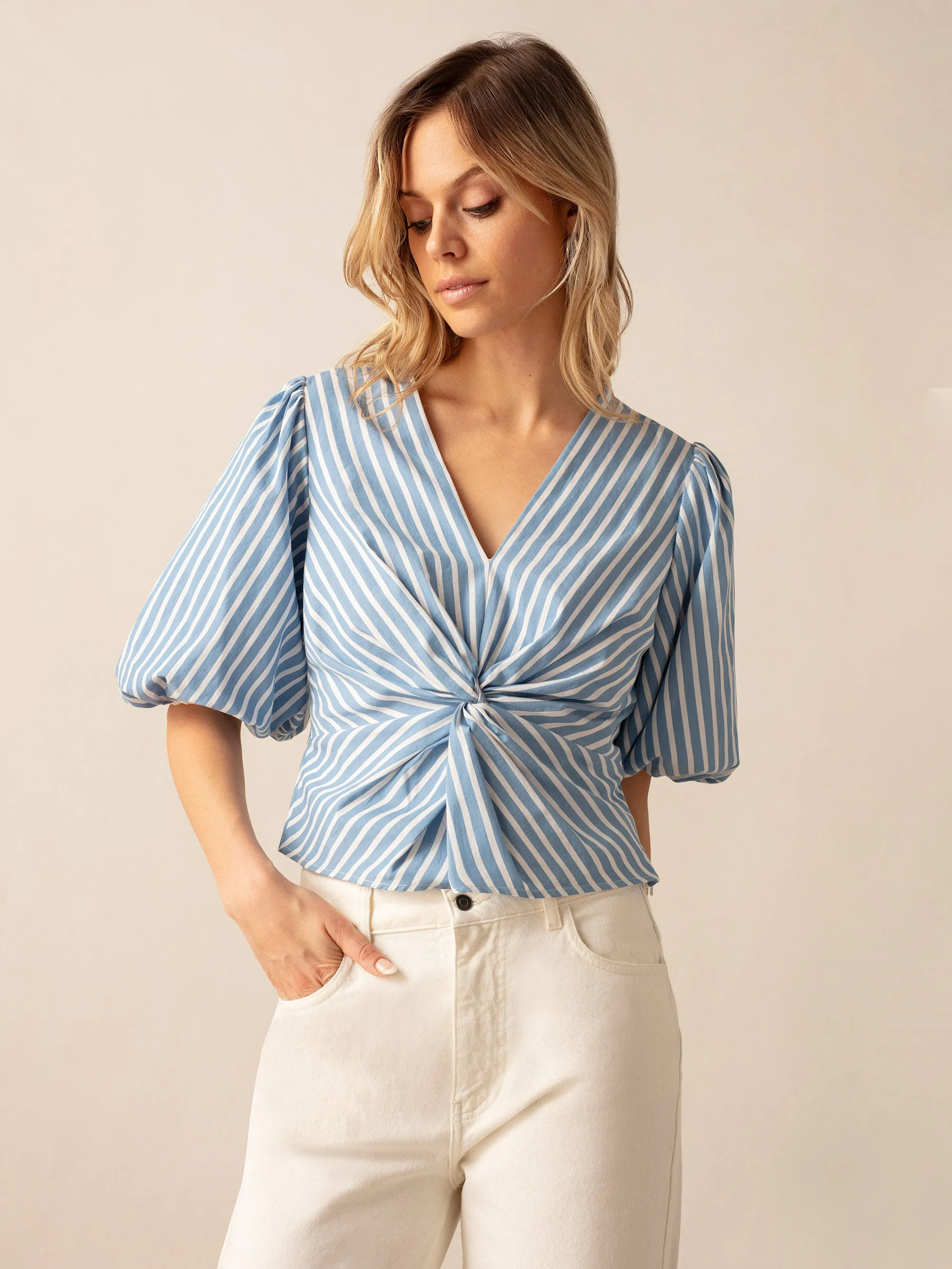 Blue Stripe Twist Front Blouse