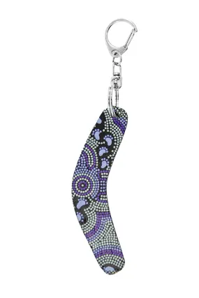 Boomerang Shape Wooden Keyring (Australian Made) - On Walkabout Blue By Karen Taylor