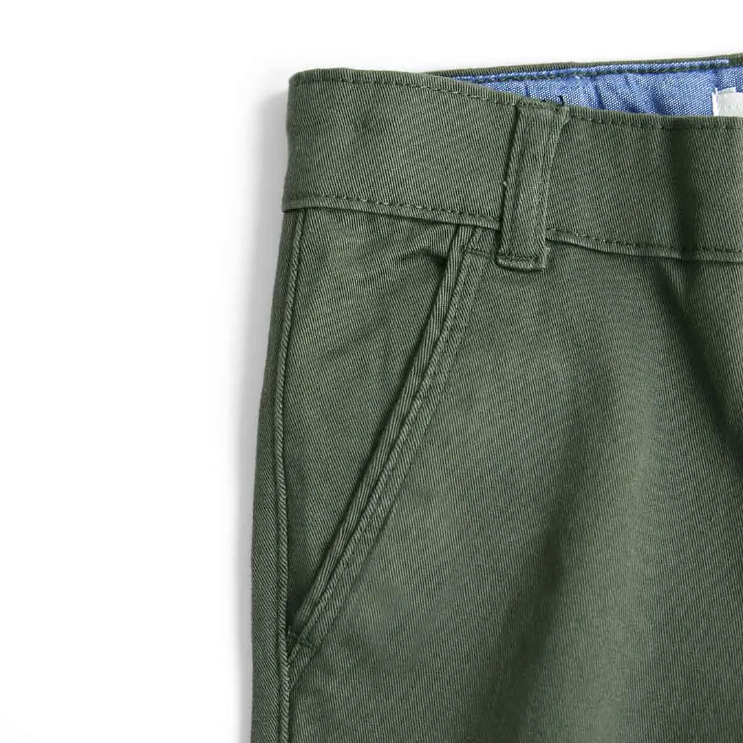 Boys Cotton Dark  Olive Chino With Stretch & Adjustable Waistband