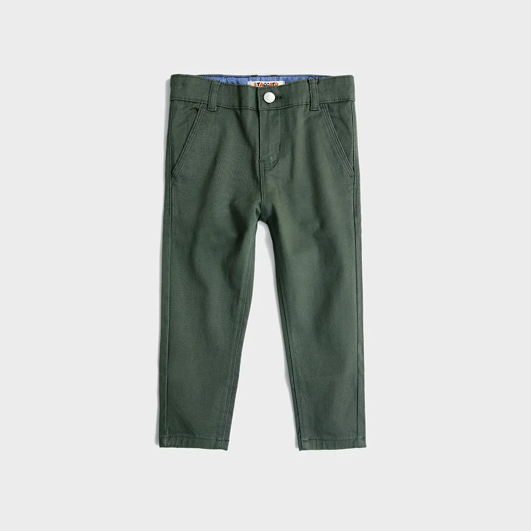 Boys Cotton Dark  Olive Chino With Stretch & Adjustable Waistband