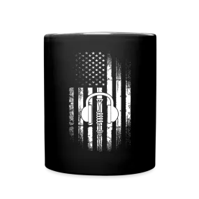 Broadcasting Liberty: Distressed Flag and Ham Radio Icon - Black Ceramic Mug