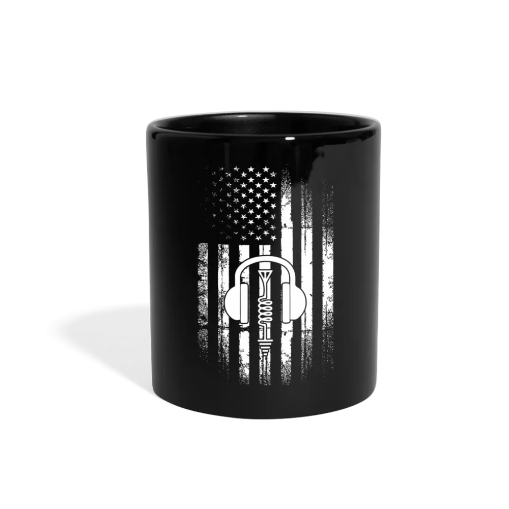 Broadcasting Liberty: Distressed Flag and Ham Radio Icon - Black Ceramic Mug