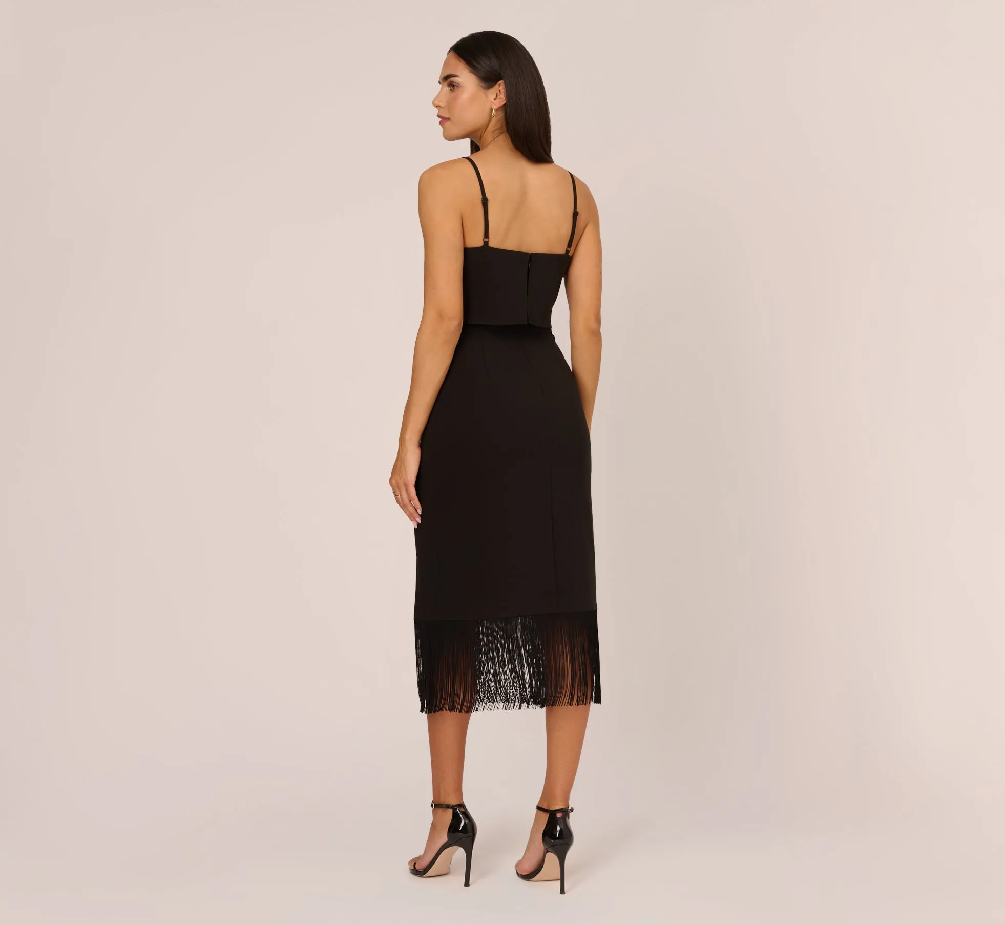 Crepe Popover Midi Dress With Fringe Trim In Black