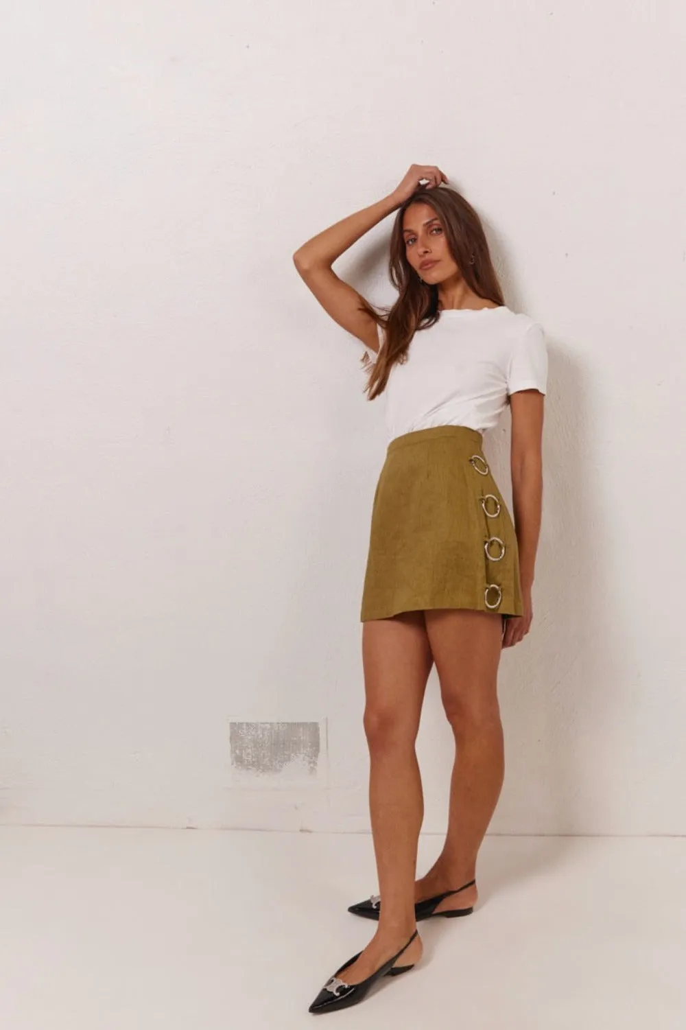 Discoteca Linen Mini Skirt Olive