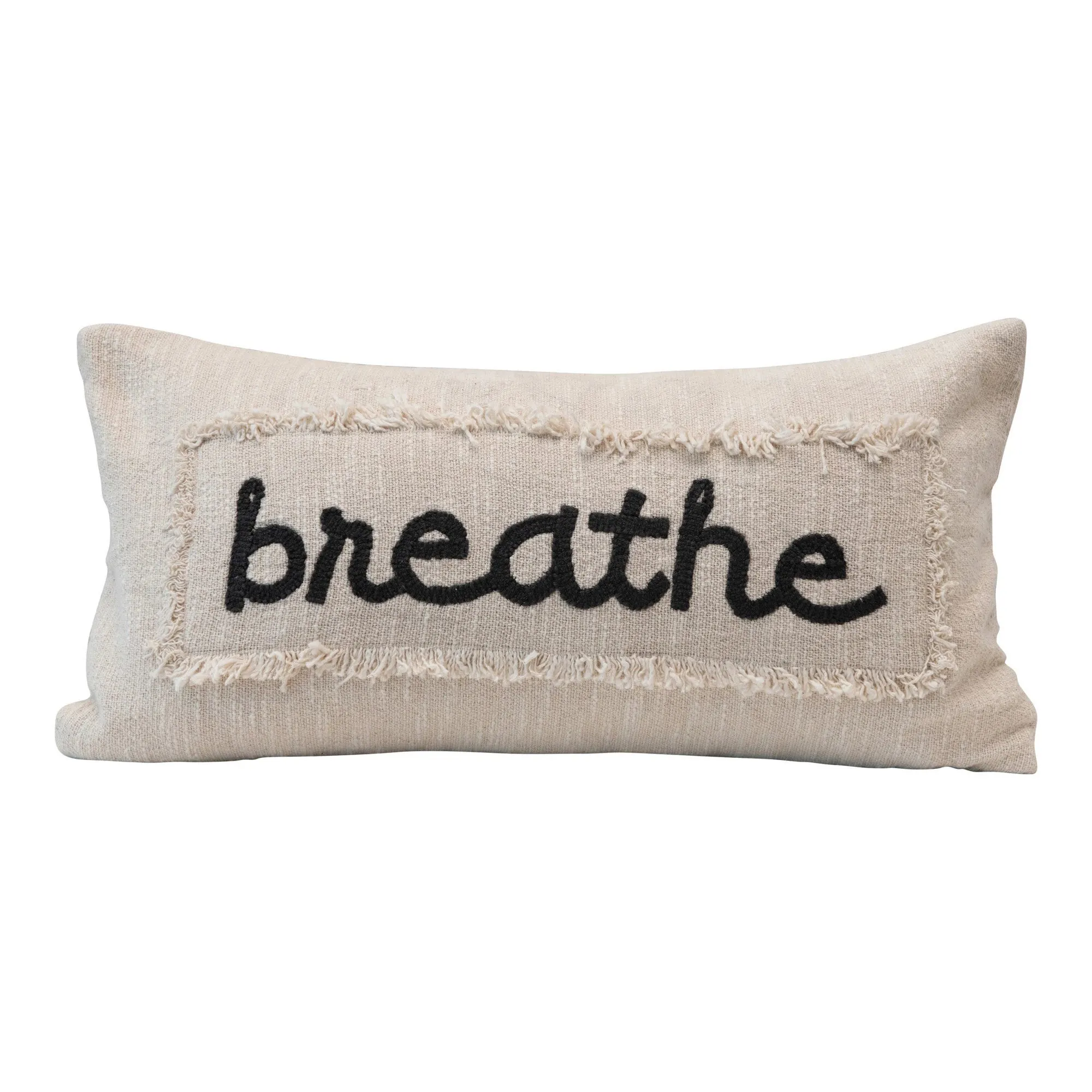 Embroidered Cotton Pillow "Breathe" w/ Eyelash Fringe, Cream & Charcoal Color