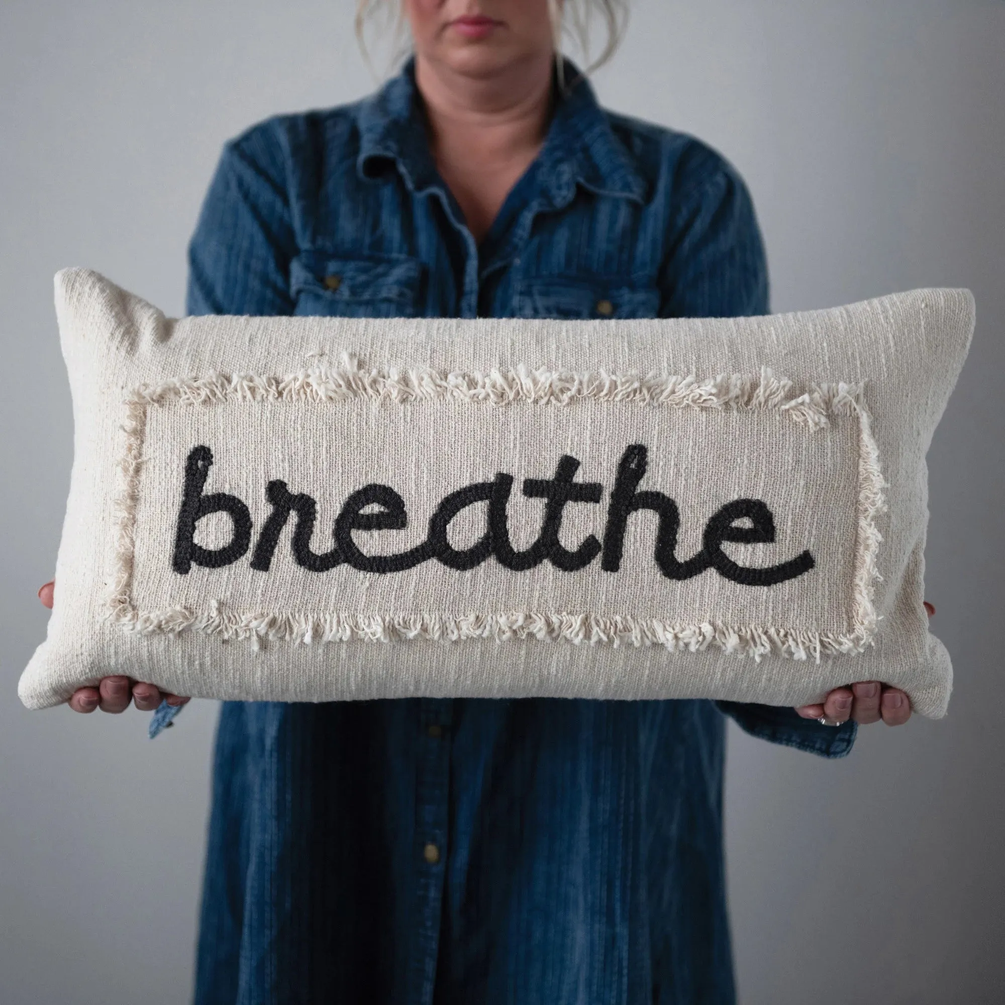 Embroidered Cotton Pillow "Breathe" w/ Eyelash Fringe, Cream & Charcoal Color