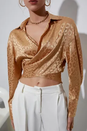 Gold Leopard Print Satin Wrap Crop Shirt