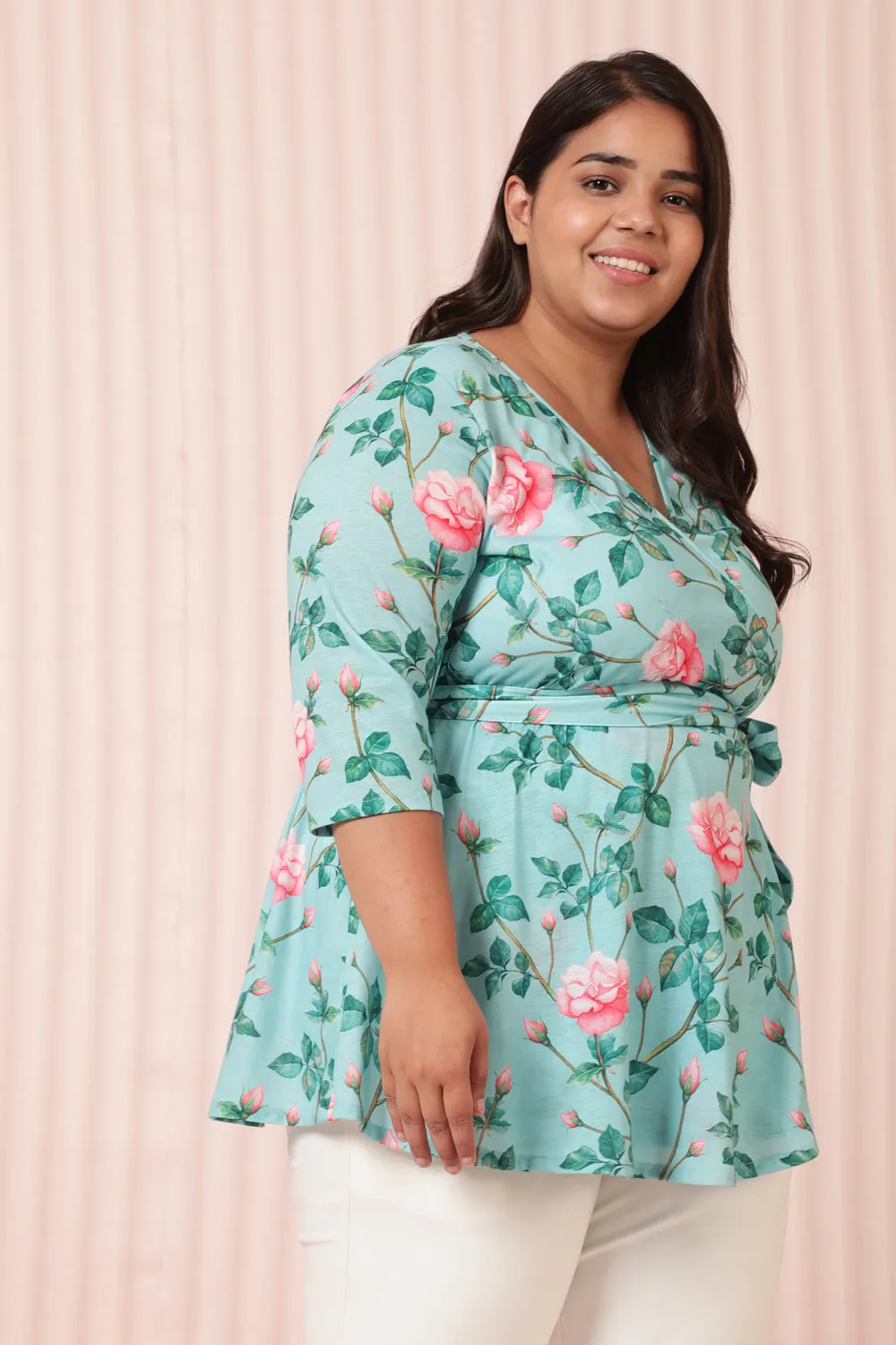 Green Floral Wrap Top