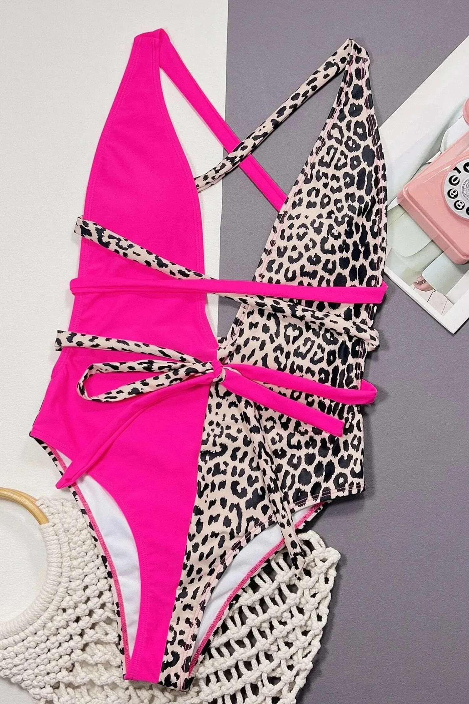 Half Pink Half Leopard One Piece Swimsuit