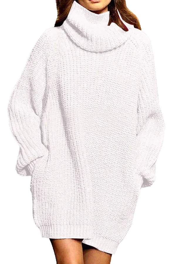 High Neck Sweater Dress Beige White