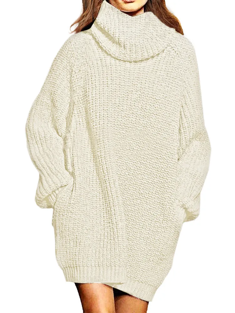 High Neck Sweater Dress Beige White