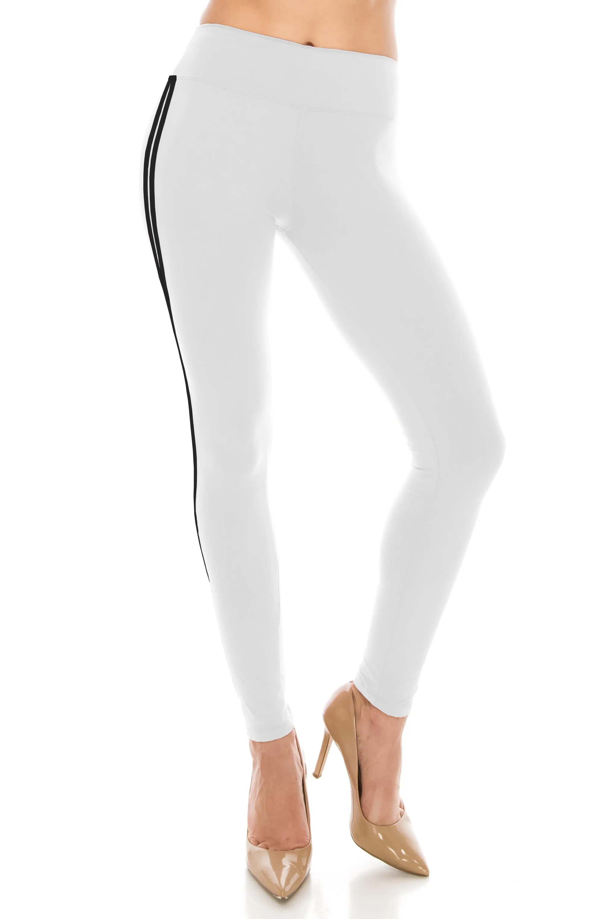 High Waisted Leggings - Two White Stripe